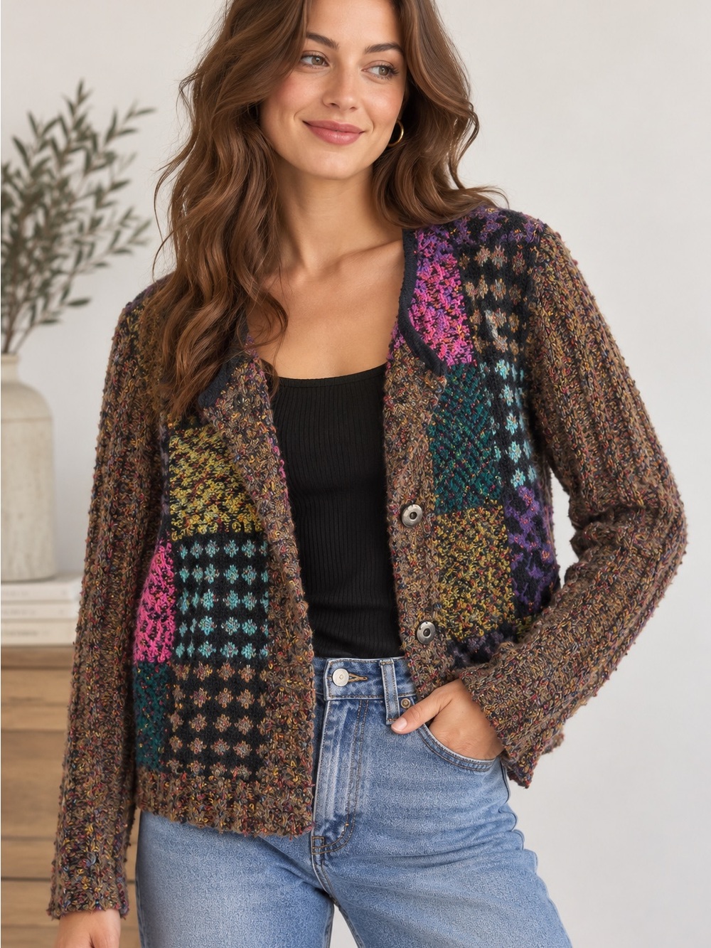 Vintage Women L Patchwork Cardigan Sweater Wool Blend Artsy Boho 90s Grandma